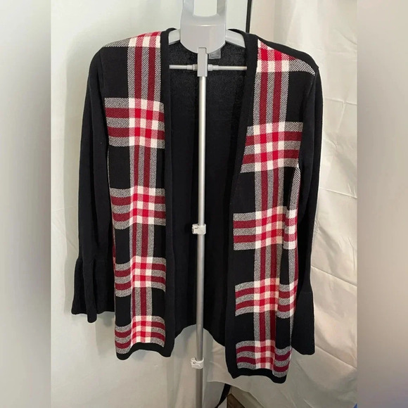 Venus red plaid open front cardigan bell sleeves size medium‎ - Picture 1 of 9